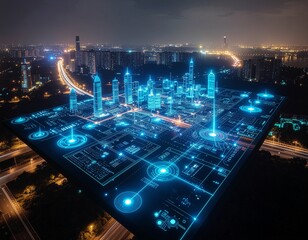 A complex holographic control panel for managing a smart city, floating in the air