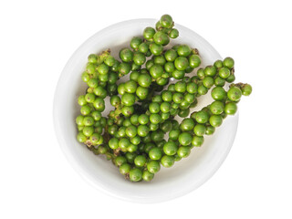 Green peppercorn in bowl isolated on white background