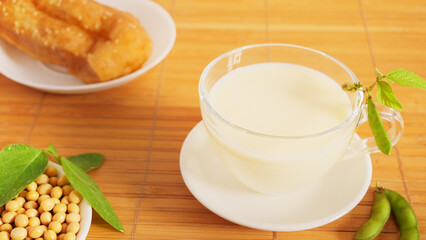 Close-up soy milk, soybeans, cruller, nutrition and health, depth of field