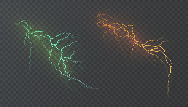 Vector yellow and green lightning bolts isolated on a transparent background for design and illustrations.