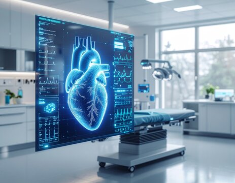 A futuristic medical hologram interface displaying a rotating human heart anatomy