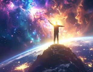 Silhouetted figure atop a craggy peak with arms outstretched towards a bright, colorful nebula and planet view