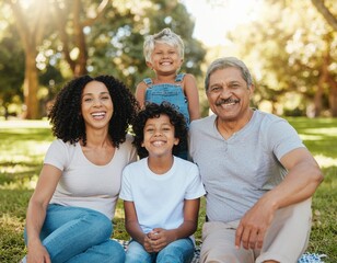 A multi-generational family having a picnic in a park on a sunny day, authentic laugh