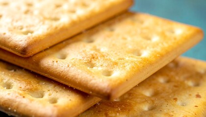 Fototapeta premium Close-up of stacked soda crackers with small holes on a blue surface.