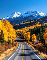A winding asphalt road leads towards snow-capped mountains under a clear blue sky, flanked by vibrant autumn foliage in golden and reddish hues