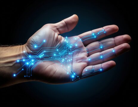 A close-up of a human hand where the skin subtle transitions into glowing biolumines