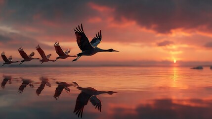 Graceful birds flying over calm ocean at sunset with warm hues reflecting off the water ideal for serene and contemplative imagery