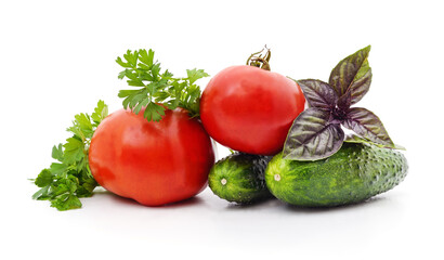 Fresh tomatoes and cucumbers.
