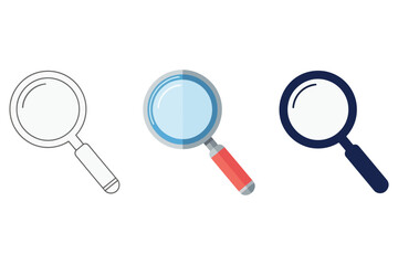Vector art of this vector image features three magnifying glasses, each in a different style, the first is a simple outline, the second is colored, and the third is solid