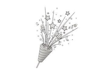 Illustration of a party popper exploding with stars and confetti, isolated on transparent background on transparent background