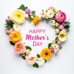 A heart-shaped arrangement of colorful roses, ranunculus, gerberas, and green foliage, presented on a clean, white background with text overlay