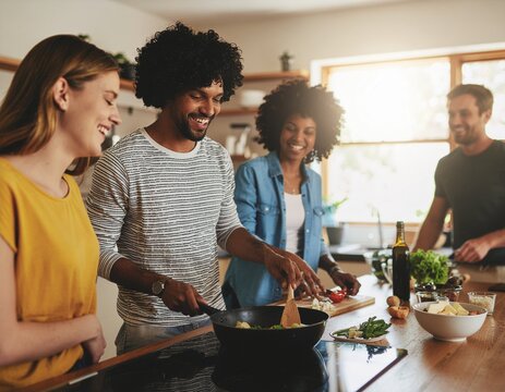 A group of diverse young friends laughing genuinely while cooking together in a modern