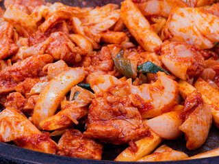 fried shrimp on a plate, 한국음식, 닭갈비
