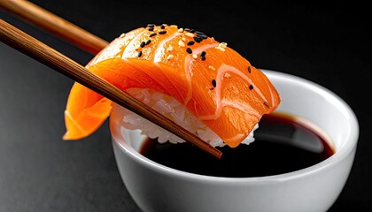 Fresh salmon nigiri held by chopsticks, ready to be dipped in soy sauce