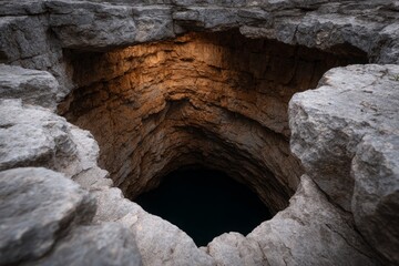 Dramatic cave entrance surrounded by rugged stone formations.