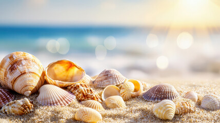 Seashells scattered on sandy beach, glistening in sunlight, evoke sense of tranquility and connection to nature
