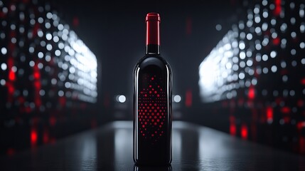 Elegant red wine bottle with modern design in a futuristic setting, perfect for luxury branding and sophisticated events