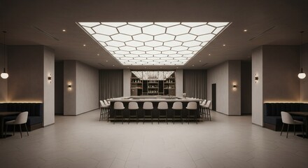 A spacious, modern, and elegantly designed interior of a dimly lit bar or lounge area featuring a long, illuminated counter with stools and hexagonal ceiling lights.