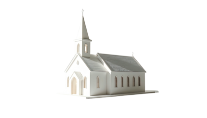 White model church, simple design, detailed steeple,  small scale,  against black background