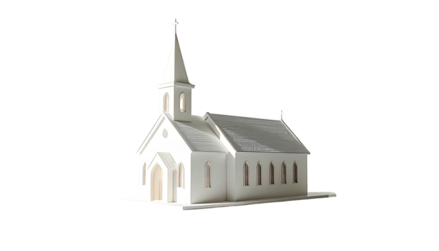 White model church, simple design, detailed steeple,  small scale,  against black background