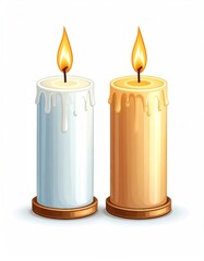 Two cylindrical candles, white and amber, on stands