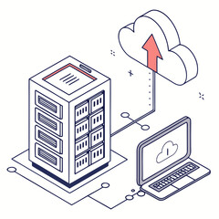 Vector art of isometric illustration of data server, cloud storage and laptop, depicting cloud computing, data transfer, and network infrastructure