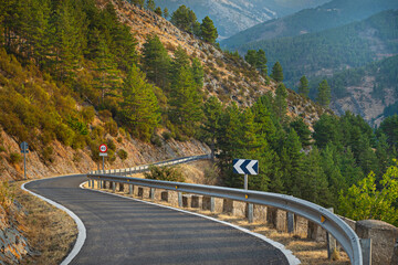 A mountain road with sharp turns between rocky canyons where the creeping vegetation creates...