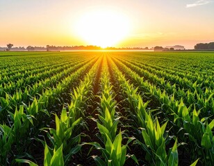 Lush green crop field in rows stretches towards a golden sunrise, capturing peaceful rural scenery with bright sunlight and distant trees