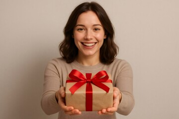 Fototapeta premium Smiling woman joyfully offering a beautifully wrapped present in brown paper, adorned with a vibrant red ribbon, radiating happiness