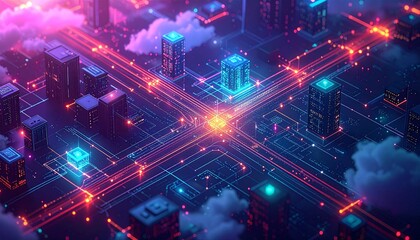 Fototapeta premium Futuristic cityscape with glowing networks and cloud cover, digital art.