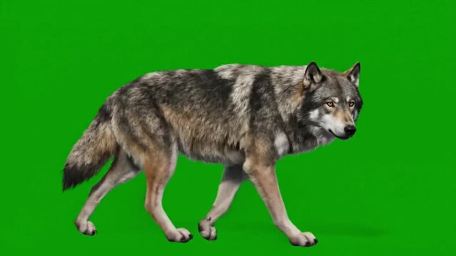 Full-body shot of a majestic wolf walking on a green screen. The powerful, wild canine paces with determination, perfect for keying, with its thick gray fur and a focused, intelligent expression.

