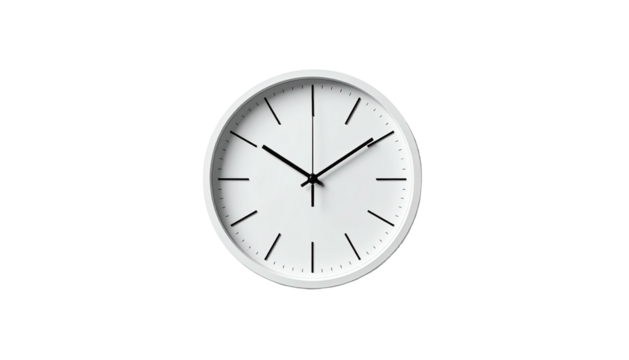 Minimalist white analog wall clock with black hands and markers on a black background, displaying a simple time