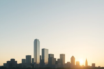 Modern city skyline with tall buildings under soft sunrise light and minimalistic sky background for urban concept and creative copyspace use. Ai generative