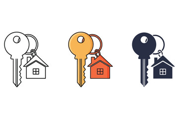 Vector art of three keys with houseshaped keychains in different colors the first is white with a black outline, the second is orange, and the third is black