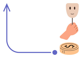 Upward arrow representing progress, hand holding a mask symbolizing identity, and dollar coin showcasing wealth. Ideal for finance, development, transparency, growth, economy money ethics. Simple