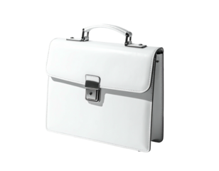 A pristine white leather briefcase with silver hardware, a classic rectangular shape, and a top handle