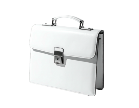 A pristine white leather briefcase with silver hardware, a classic rectangular shape, and a top handle
