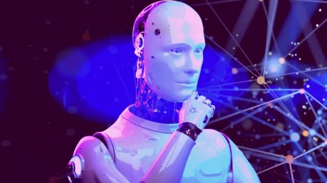 Futuristic alien cyborg floating in dark space with robotic features