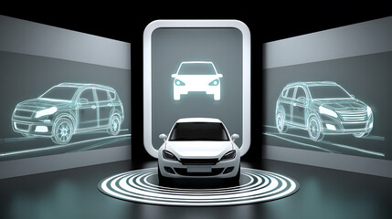 Digital car visualization in a futuristic showroom with holographic displays and a central vehicle on a circular platform