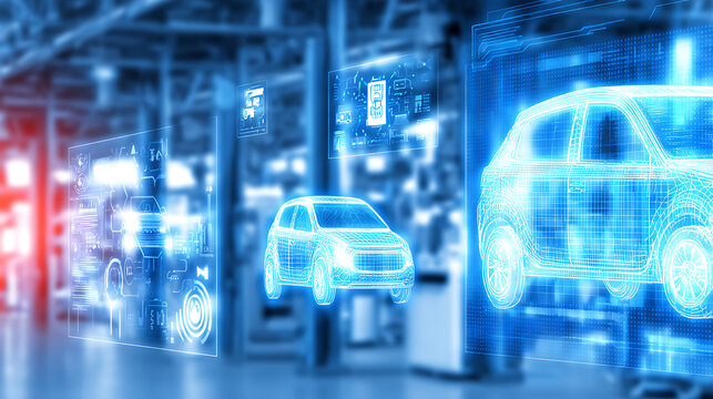 Digital holographic car models displayed in a high-tech manufacturing facility with advanced engineering interfaces