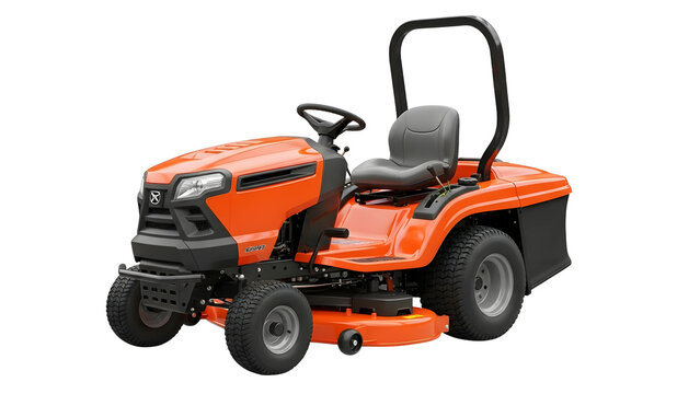 Lawn tractor riding mower garden equipment for cutting grass outdoor power tool orange vehicle on transparent background