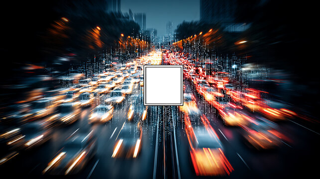 Nighttime city traffic with motion blur and digital data streams overlaying the road