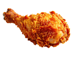 A crispy, golden-brown fried chicken drumstick, glistening with oil, showing textured, craggy skin and a juicy interior