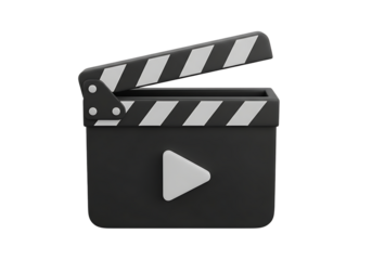 Illustration of a 3d render of a black movie clapperboard with a play button icon, isolated on transparent background on transparent background