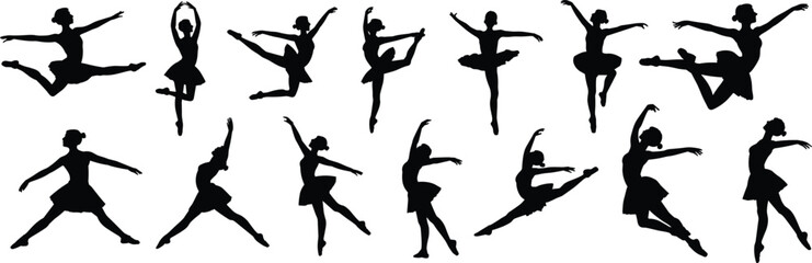 Ballet dancer silhouettes, black and white vector, dance illustration, elegant pose design, performing arts icon, graceful motion, stock image, choreography art, stage figure, lifestyle drawing