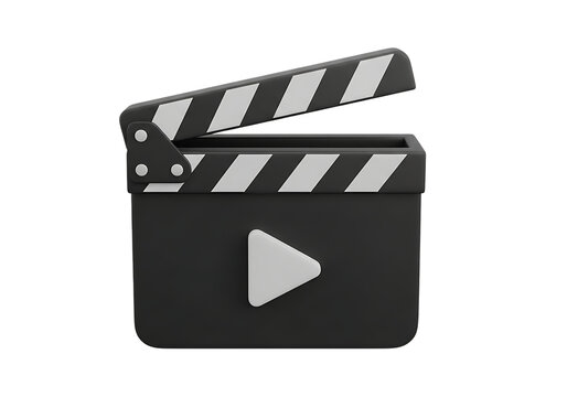 Illustration of a 3d render of a black movie clapperboard with a play button icon, isolated on transparent background on transparent background