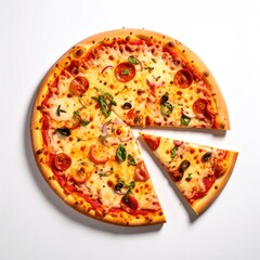 Delicious circular pizza with a missing slice shows cheese, pepperoni, onion, basil, and black olives on a crisp crust, against a white background