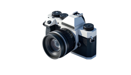 Off-white and black 35mm film camera with a large lens, dials, and a hot shoe