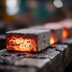 Glowing hot bricks cooling on a metal surface.