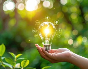 Hand holding a glowing light bulb with environmental icons in a lush green backdrop, symbolizing sustainable energy and ecology